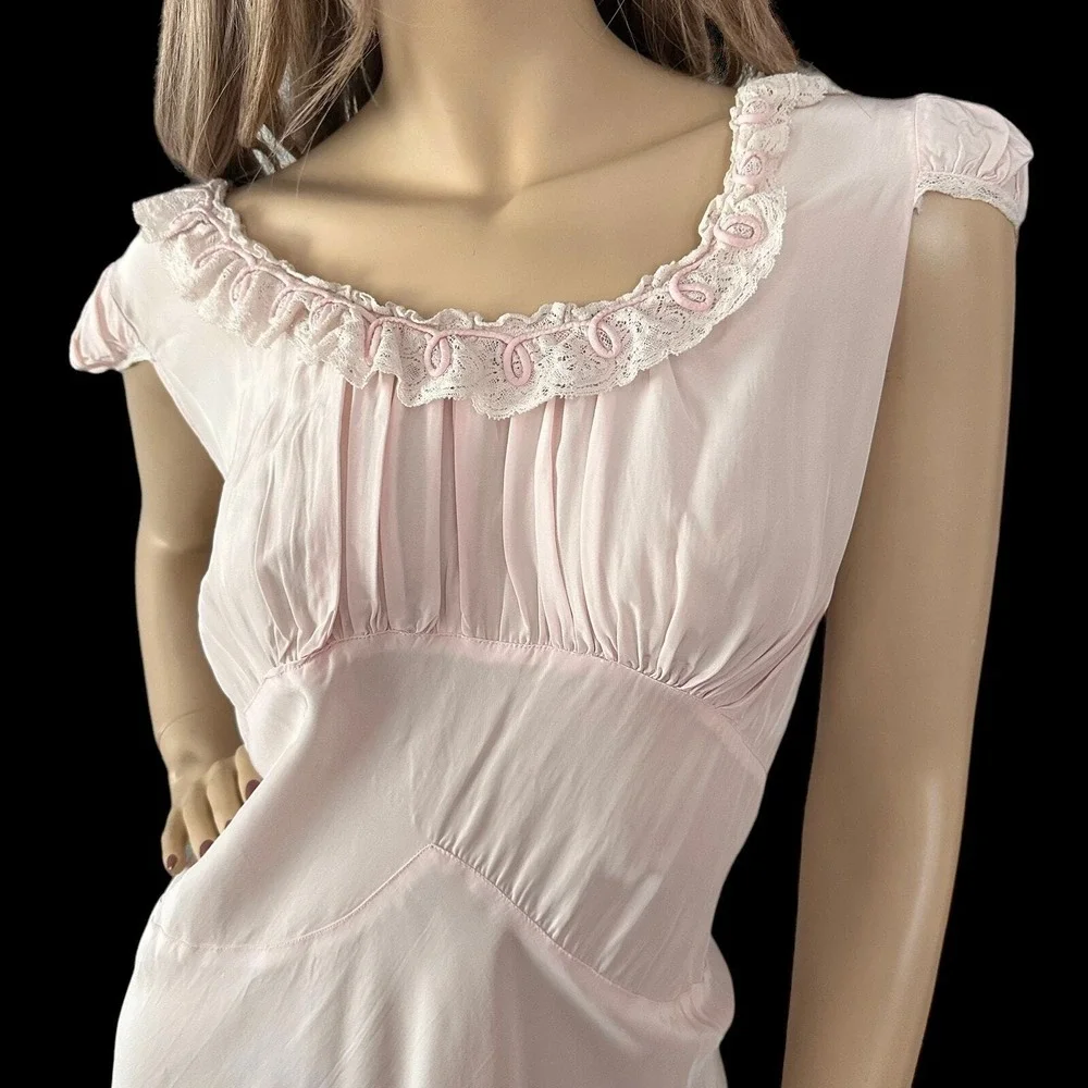 40s Pink Rayon Maxi Nightgown L Angelic Goddess Old Hollywood Coquette Glow Gaze